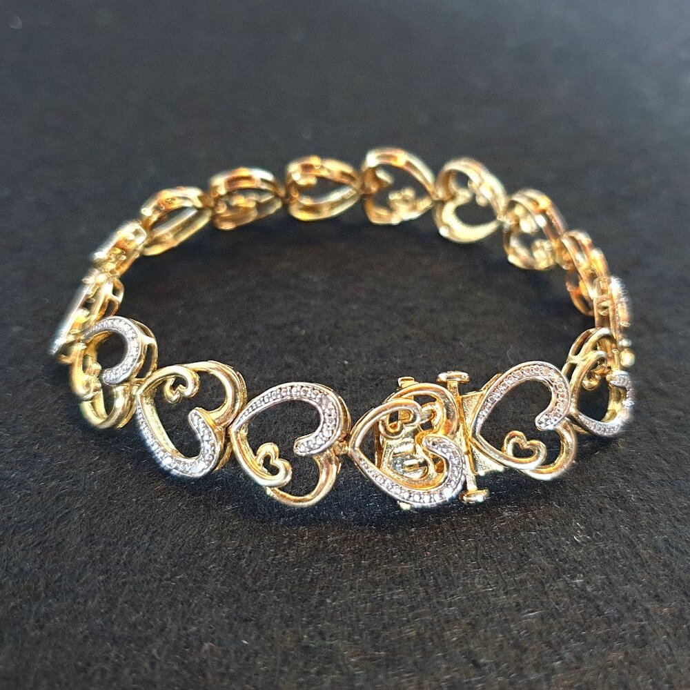 Lovely Vintage Genuine Diamond Gold Vermeil Sterling Silver Heart Bracelet